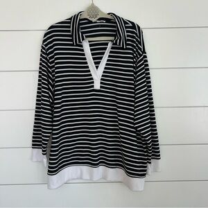 JANE + DELANCEY Pullover Shirt 1X Black White Stripe V-neck Nautical Preppy